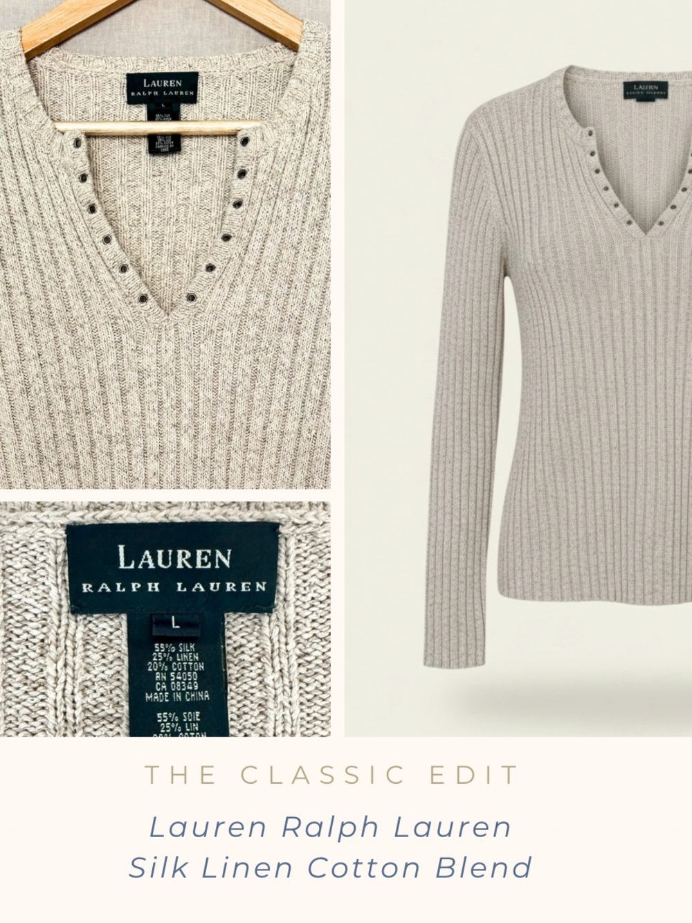 Lauren Ralph Lauren | Ribbed V-Neck Sweater | Silk Linen Cotton Blend
